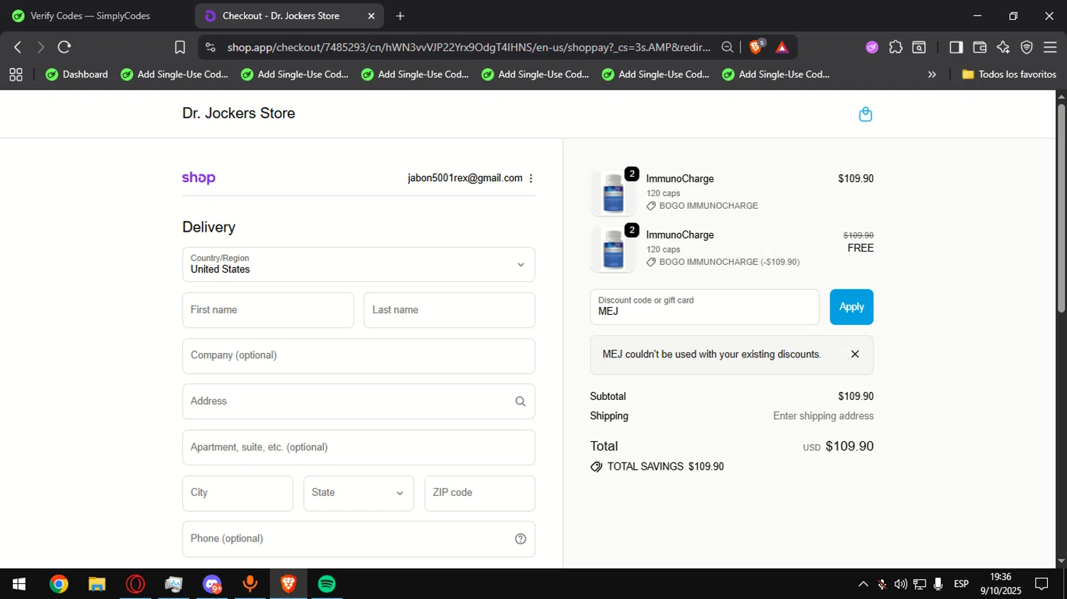 Dr. Jockers discount code screenshot showing code MEJ applied at Dr. Jockers checkout page. Uploaded by SimplyCodes community member Ultrapapu on Oct 9, 2025