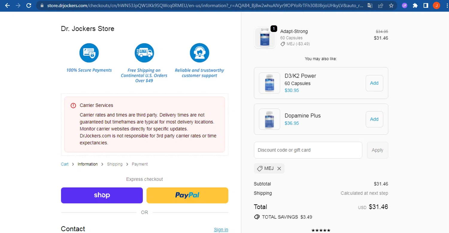 Dr. Jockers discount code screenshot showing code MEJ applied at Dr. Jockers checkout page. Uploaded by SimplyCodes community member FranquizJoel on Nov 8, 2025