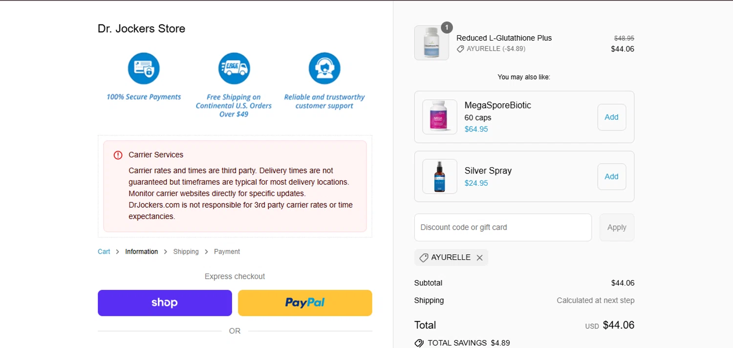 Dr. Jockers discount code screenshot showing code AYURELLE applied at Dr. Jockers checkout page. Uploaded by SimplyCodes community member juanisaac on Sep 10, 2025