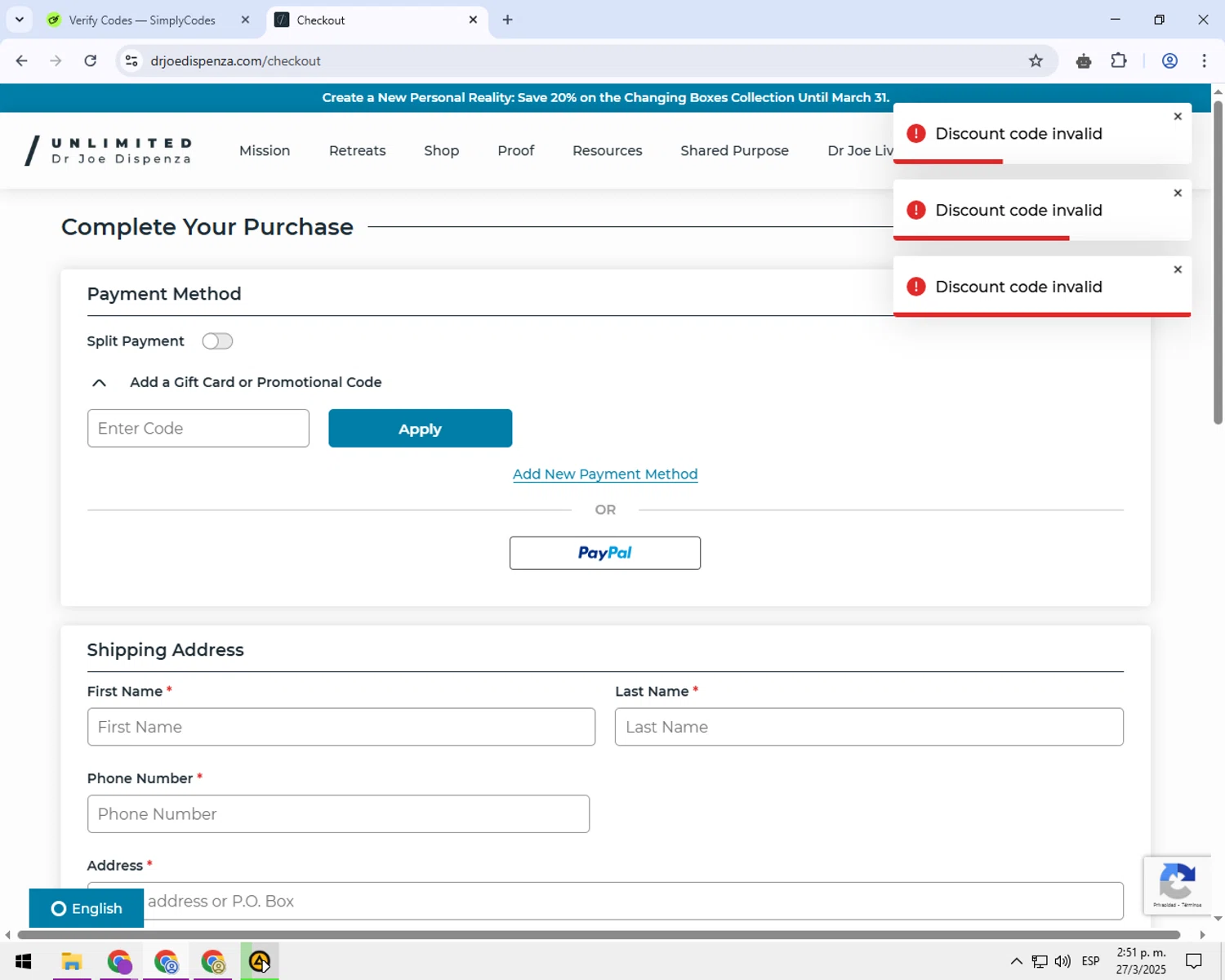Dr. Joe Dispenza promo code screenshot showing code MEDOFMONTH applied at Dr. Joe Dispenza checkout page. Uploaded by SimplyCodes community member balance888 on Mar 27, 2025