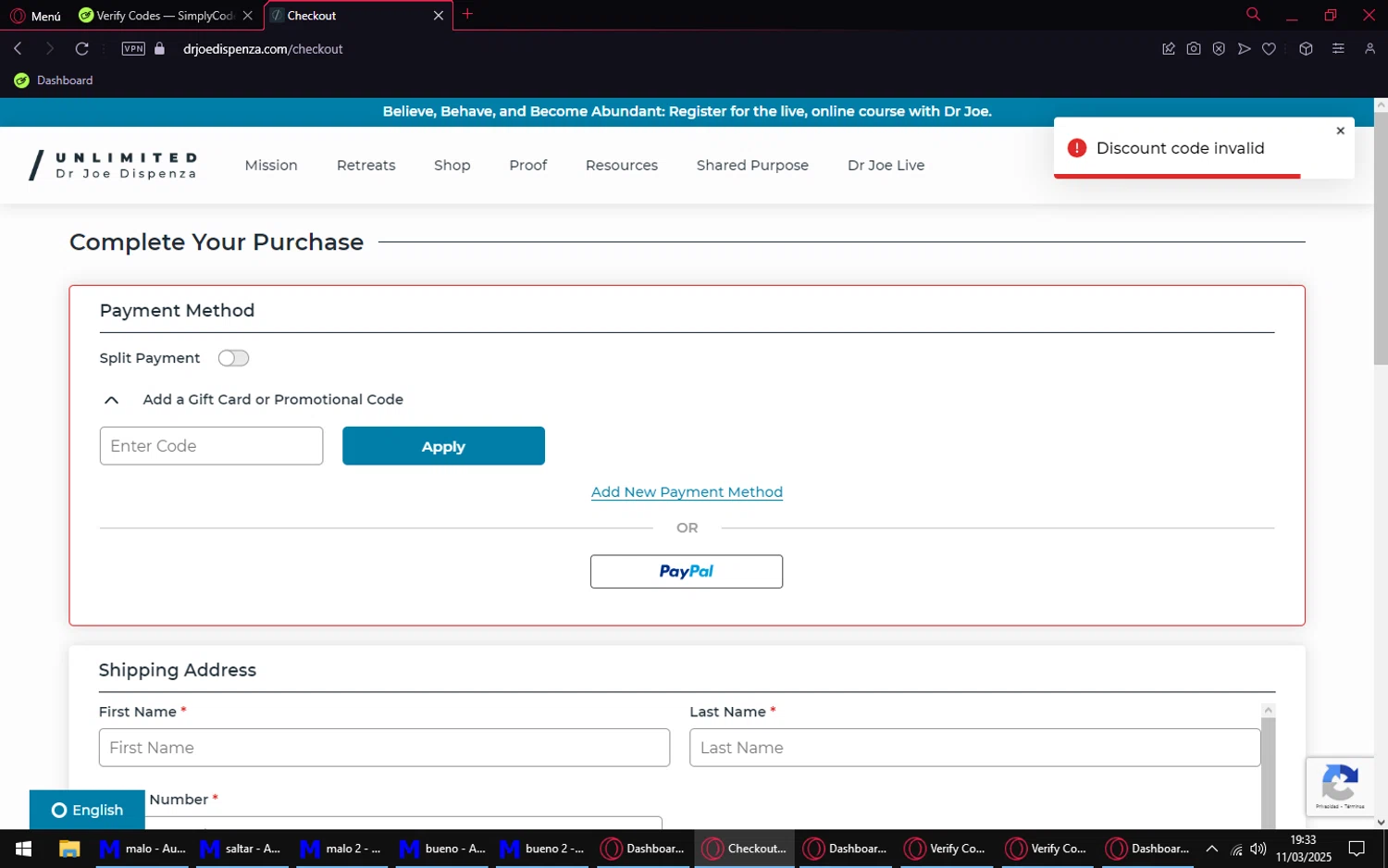 Dr. Joe Dispenza promo code screenshot showing code MEDOFMONTH applied at Dr. Joe Dispenza checkout page. Uploaded by SimplyCodes community member PromoEagle6451 on Mar 11, 2025