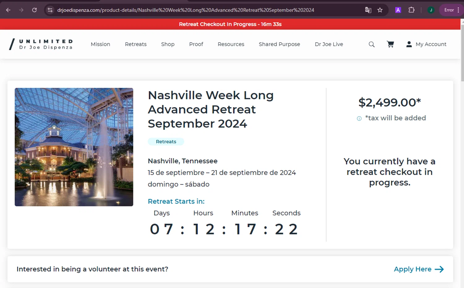 Dr. Joe Dispenza checkout page showing Dr. Joe Dispenza promo code box | Screenshot taken by SimplyCodes community member on Sep 7, 2024