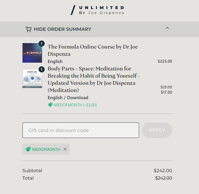 Dr. Joe Dispenza checkout page showing Dr. Joe Dispenza promo code box | Screenshot taken by SimplyCodes community member on Sep 13, 2022