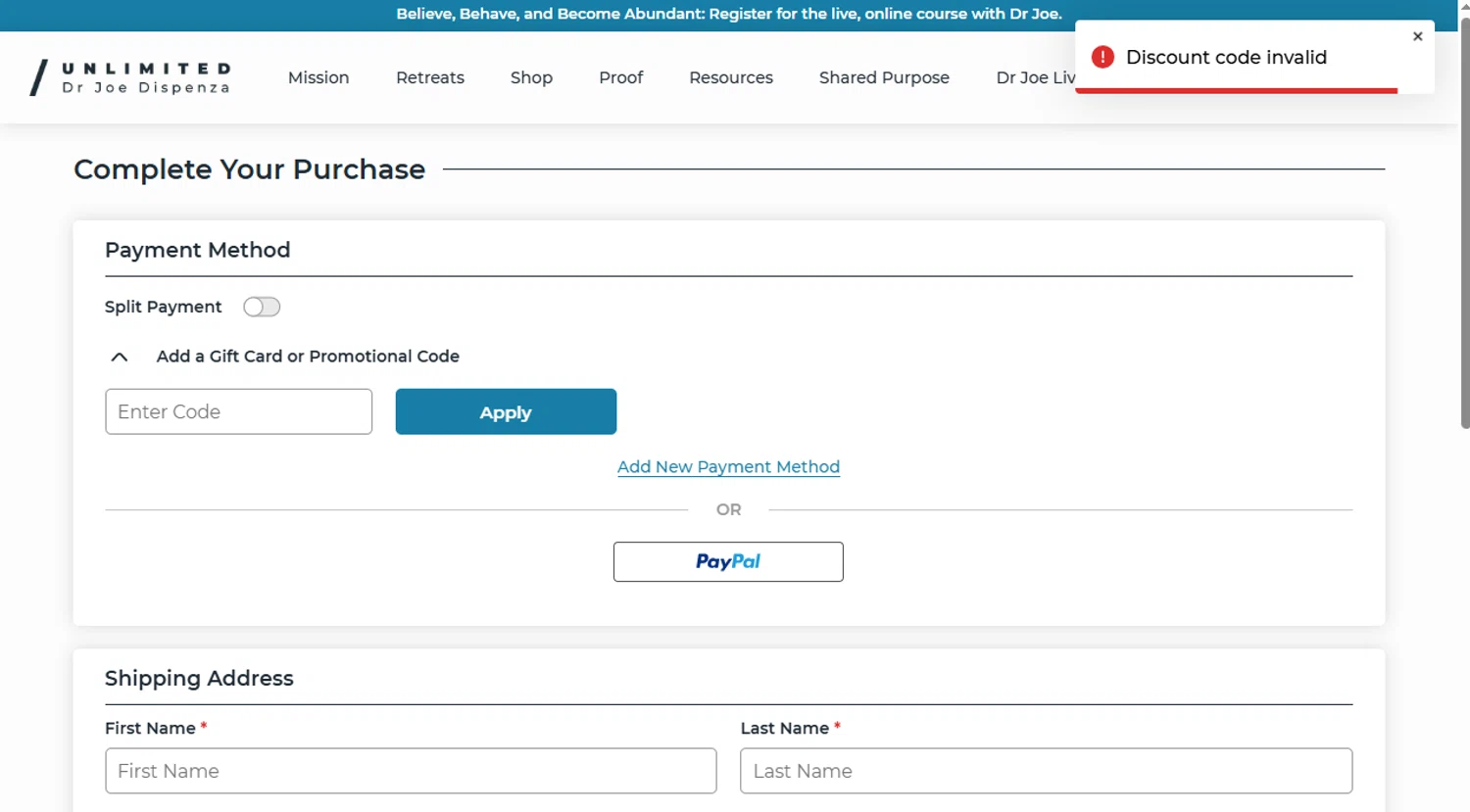 Dr. Joe Dispenza promo code screenshot showing code ThankYou2022 applied at Dr. Joe Dispenza checkout page. Uploaded by SimplyCodes community member DiscountEagle6247 on Mar 11, 2025