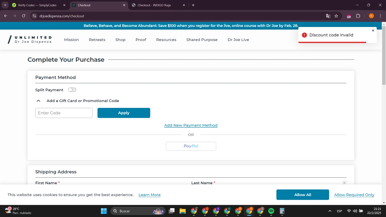 Dr. Joe Dispenza promo code screenshot showing code WALKINGMED15 applied at Dr. Joe Dispenza checkout page. Uploaded by SimplyCodes community member davidsalazar on Feb 23, 2025