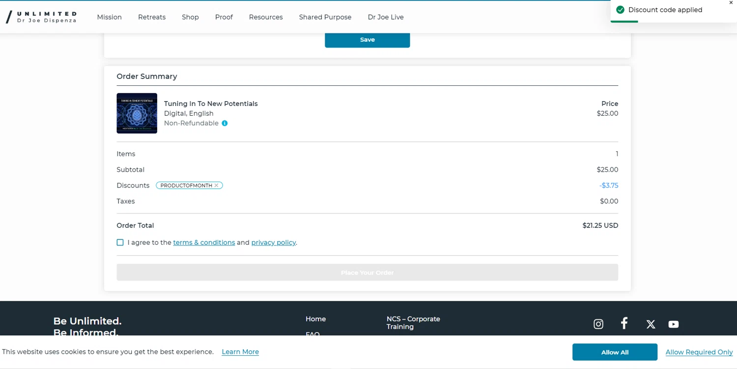 Dr. Joe Dispenza checkout page showing Dr. Joe Dispenza promo code box | Screenshot taken by SimplyCodes community member on Jan 9, 2024