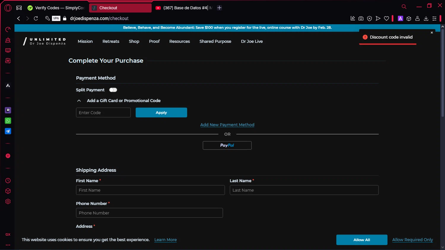 Dr. Joe Dispenza promo code screenshot showing code PRODUCTOFMONTH applied at Dr. Joe Dispenza checkout page. Uploaded by SimplyCodes community member McLovin on Feb 22, 2025