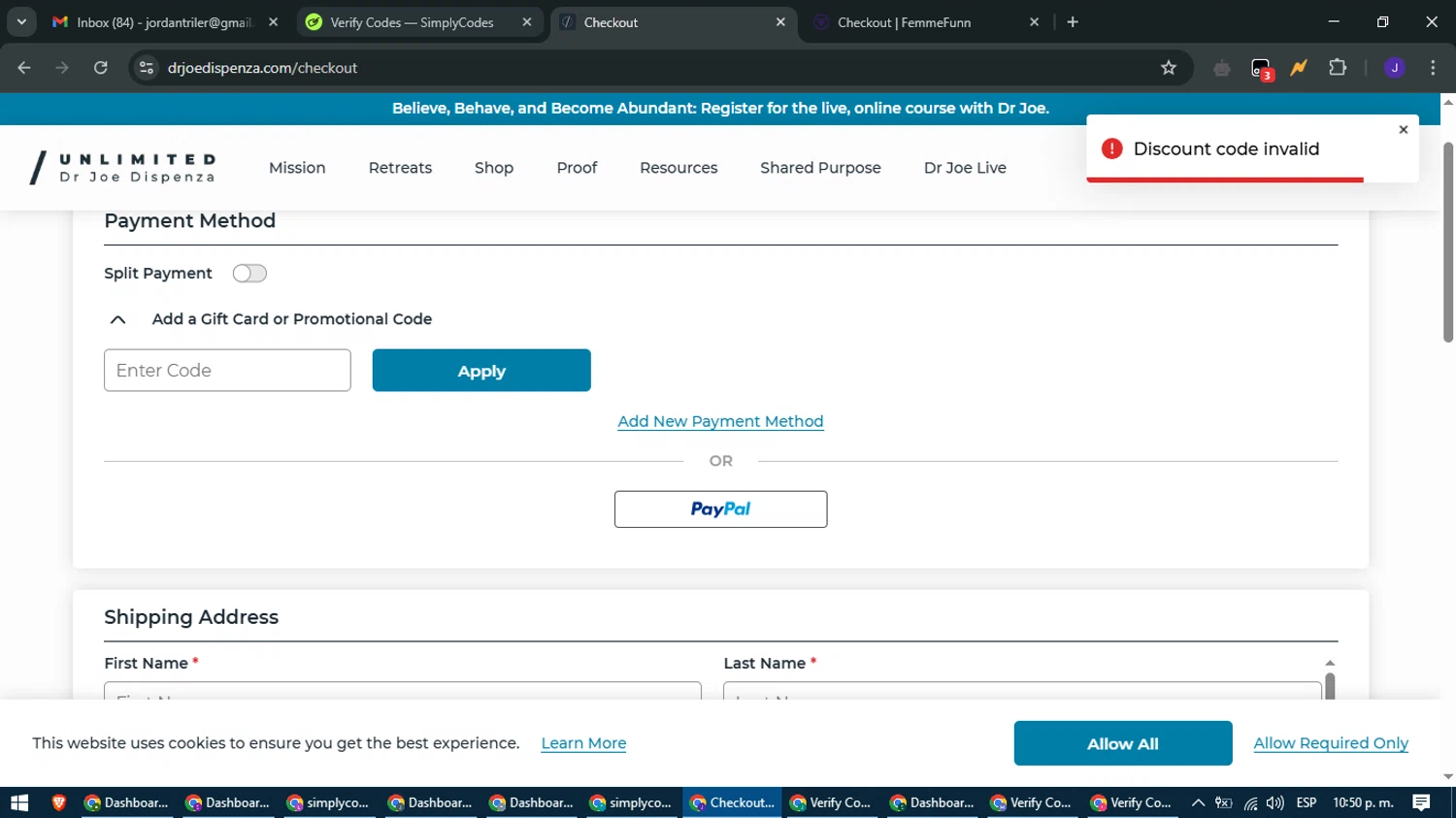 Dr. Joe Dispenza promo code screenshot showing code PRODUCTOFMONTH applied at Dr. Joe Dispenza checkout page. Uploaded by SimplyCodes community member LegendaryLegend9872 on Mar 16, 2025