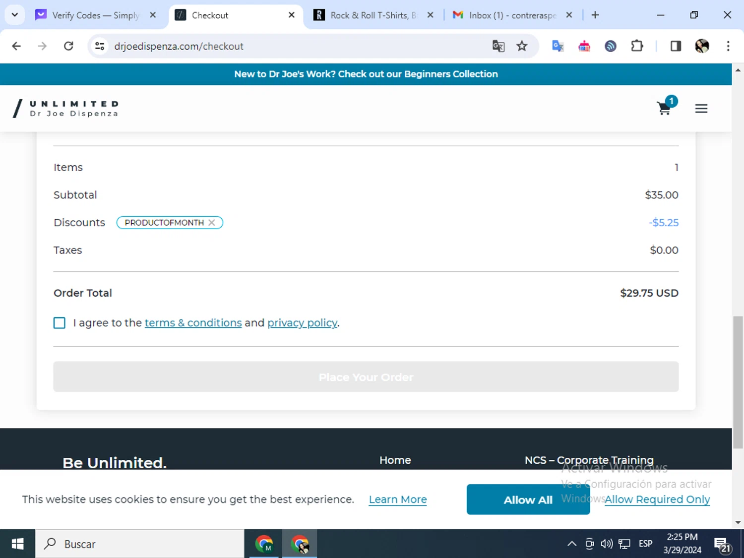 Dr. Joe Dispenza checkout page showing Dr. Joe Dispenza promo code box | Screenshot taken by SimplyCodes community member on Mar 29, 2024