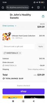SWEETDEAL15 coupon verification screenshot