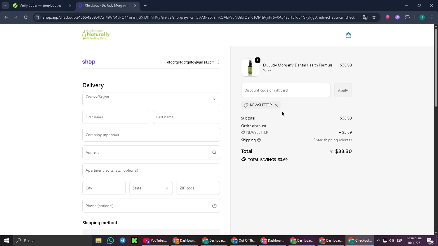Dr. Judy Morgan's Naturally Healthy Pets promo code screenshot showing code NEWSLETTER applied at Dr. Judy Morgan's Naturally Healthy Pets checkout page. Uploaded by SimplyCodes community member MoneyPilot9165 on Nov 10, 2025