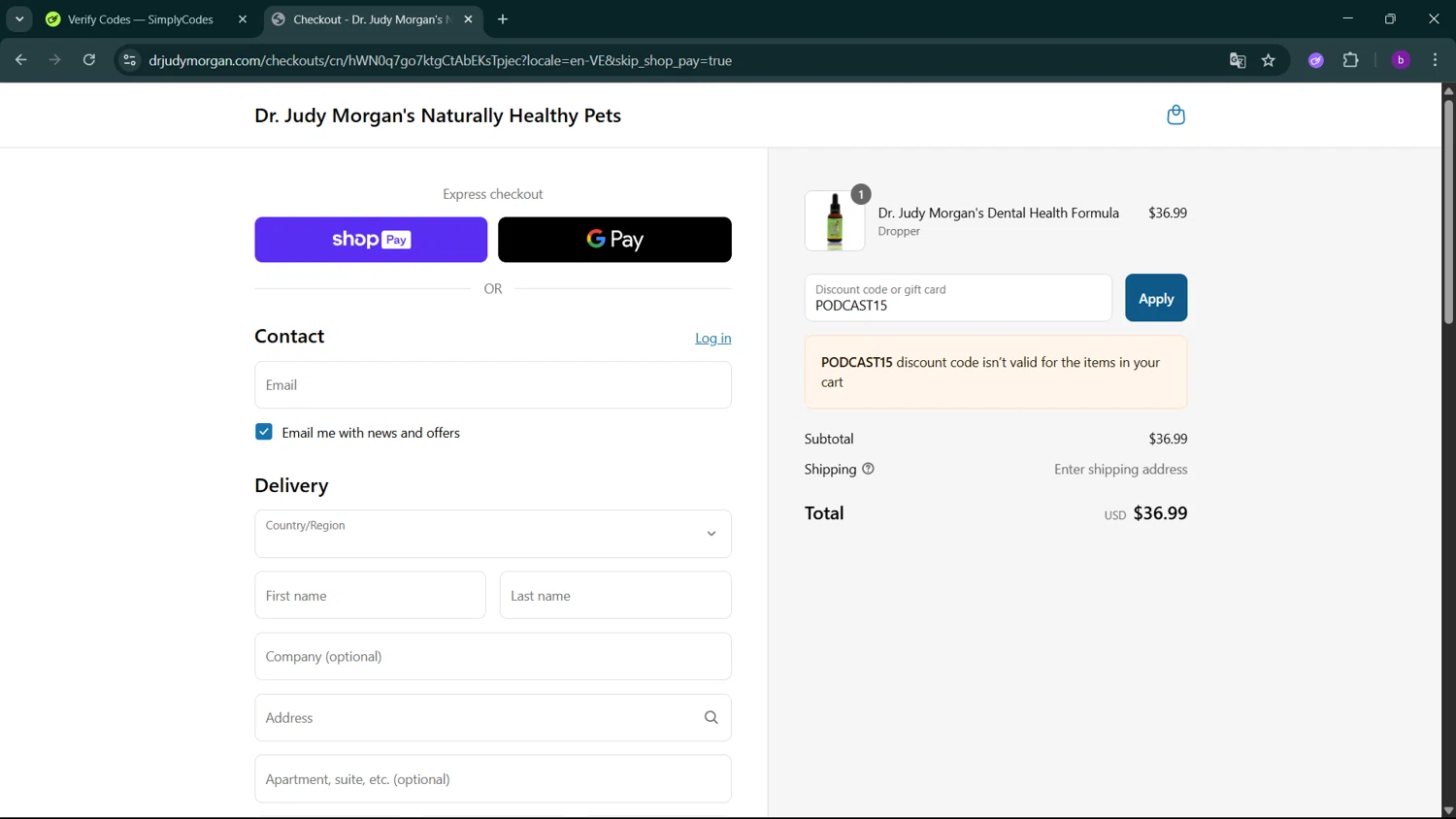 Dr. Judy Morgan's Naturally Healthy Pets promo code screenshot showing code PODCAST15 applied at Dr. Judy Morgan's Naturally Healthy Pets checkout page. Uploaded by SimplyCodes community member RoyalSleuth2430 on Jul 20, 2025