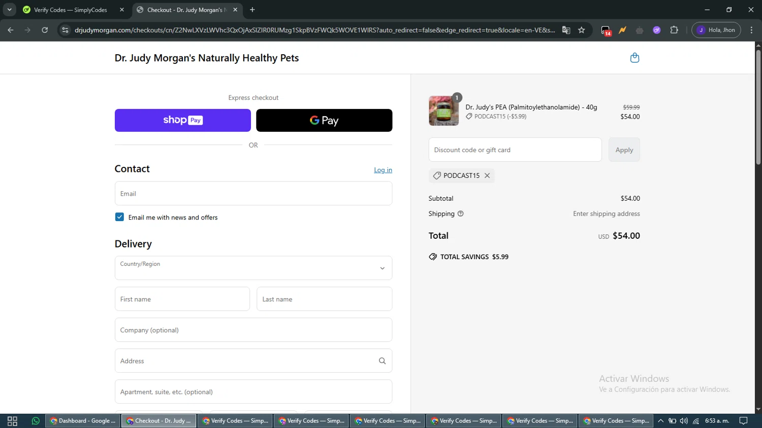 Dr. Judy Morgan's Naturally Healthy Pets promo code screenshot showing code PODCAST15 applied at Dr. Judy Morgan's Naturally Healthy Pets checkout page. Uploaded by SimplyCodes community member WiseMaven9968 on May 18, 2025
