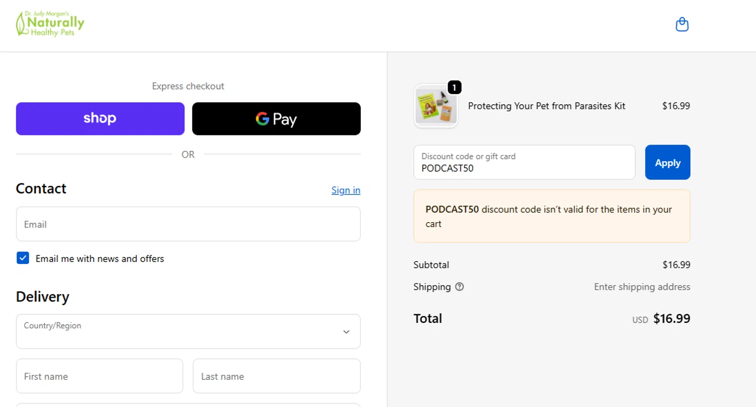 Dr. Judy Morgan's Naturally Healthy Pets promo code screenshot showing code PODCAST50 applied at Dr. Judy Morgan's Naturally Healthy Pets checkout page. Uploaded by SimplyCodes community member Sweety2021 on Sep 27, 2025