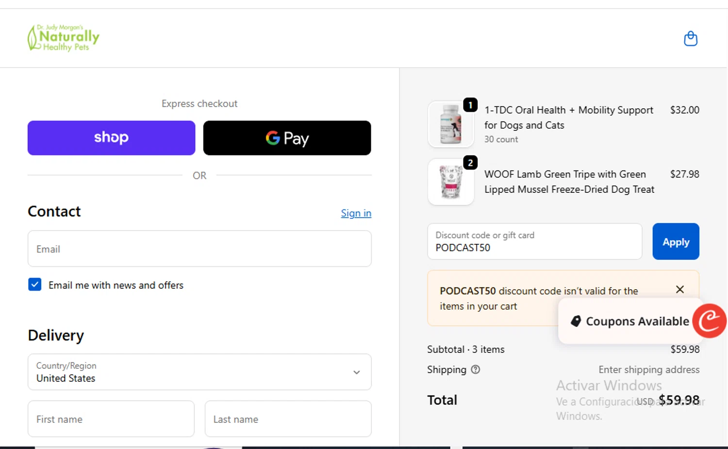 Dr. Judy Morgan's Naturally Healthy Pets promo code screenshot showing code PODCAST50 applied at Dr. Judy Morgan's Naturally Healthy Pets checkout page. Uploaded by SimplyCodes community member SaloMac on Nov 4, 2025