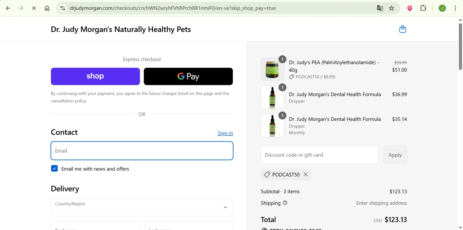 Dr. Judy Morgan's Naturally Healthy Pets promo code screenshot showing code PODCAST50 applied at Dr. Judy Morgan's Naturally Healthy Pets checkout page. Uploaded by SimplyCodes community member ShrewdChaser7973 on Sep 14, 2025