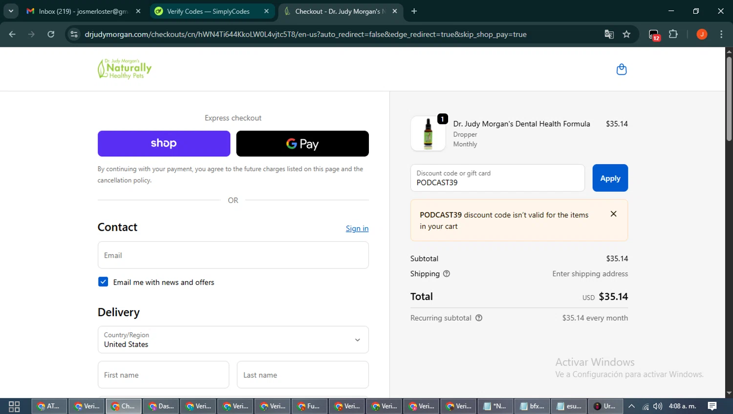Dr. Judy Morgan's Naturally Healthy Pets promo code screenshot showing code PODCAST39 applied at Dr. Judy Morgan's Naturally Healthy Pets checkout page. Uploaded by SimplyCodes community member NobleAce2304 on Oct 24, 2025