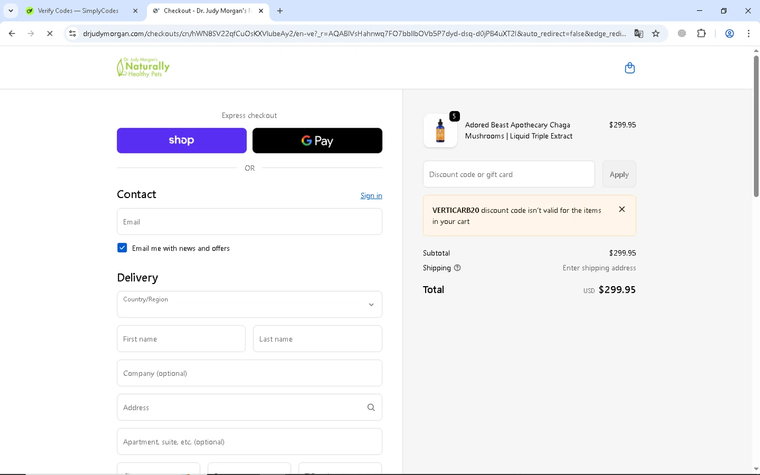 Dr. Judy Morgan's Naturally Healthy Pets checkout page showing Dr. Judy Morgan's Naturally Healthy Pets promo code box | Screenshot taken by SimplyCodes community member on Feb 6, 2026