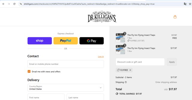 Dr. Killigan's checkout page showing Dr. Killigan's coupon code box | Screenshot taken by SimplyCodes community member on Sep 1, 2025