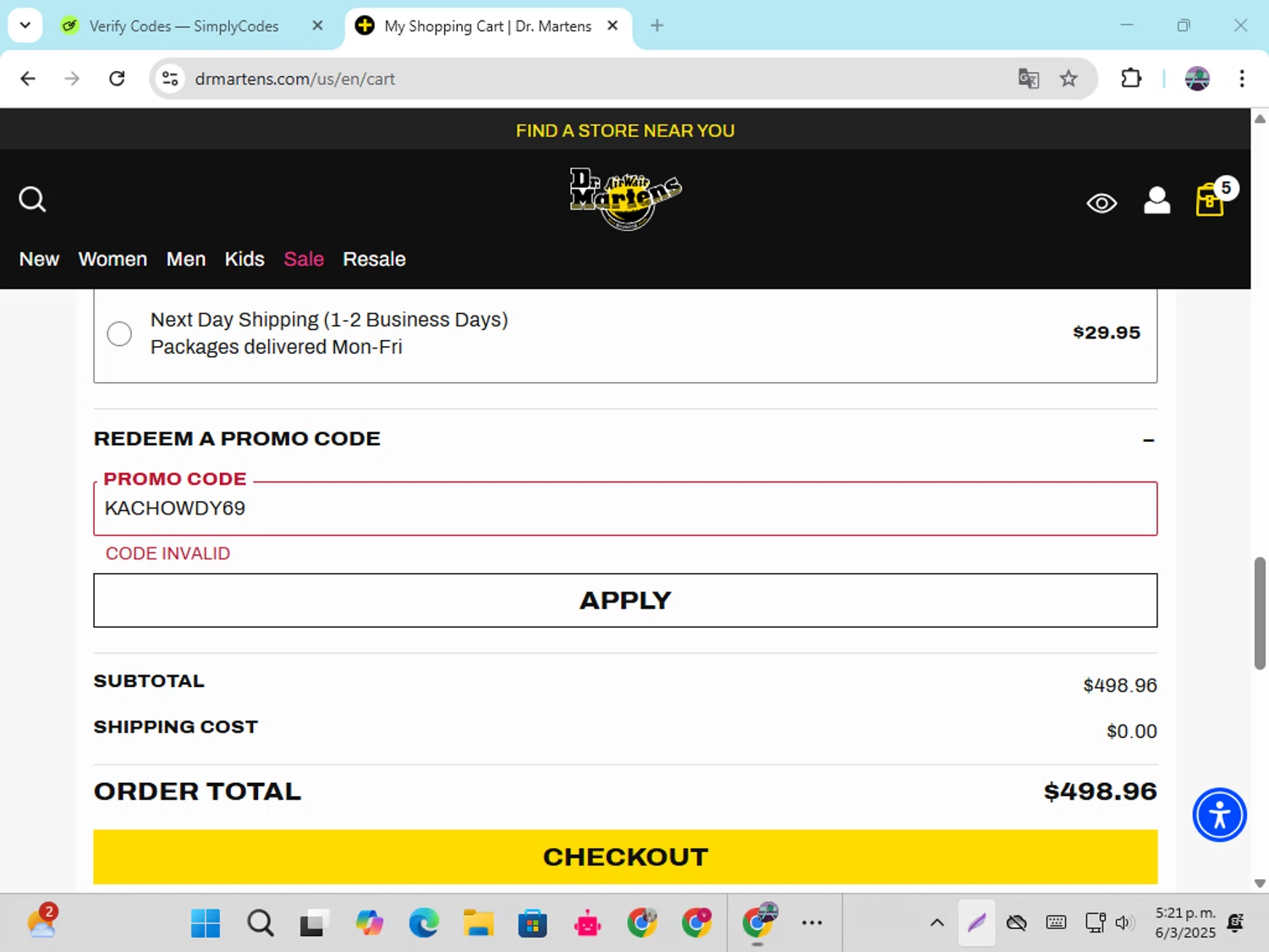 Dr. Martens promo code screenshot showing code KACHOWDY69 applied at Dr. Martens checkout page. Uploaded by SimplyCodes community member DiscountGenius6081 on Mar 6, 2025
