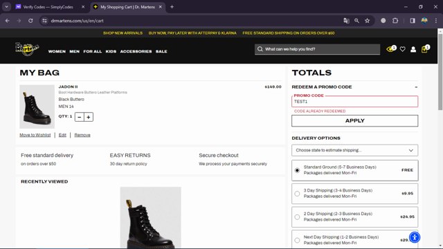 Dr. Martens checkout page showing Dr. Martens promo code box | Screenshot taken by SimplyCodes community member on Jan 24, 2024