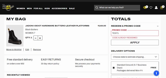 Dr. Martens checkout page showing Dr. Martens promo code box | Screenshot taken by SimplyCodes community member on Jan 24, 2024