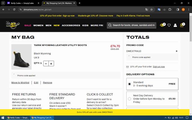 Dr. Martens checkout page showing Dr. Martens promo code box | Screenshot taken by SimplyCodes community member on Mar 30, 2024