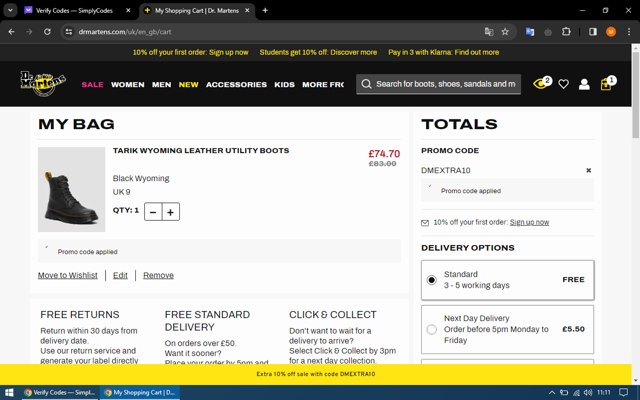 Dr. Martens checkout page showing Dr. Martens promo code box | Screenshot taken by SimplyCodes community member on Mar 30, 2024