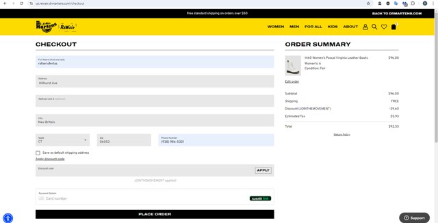 Dr. Martens checkout page showing Dr. Martens promo code box | Screenshot taken by SimplyCodes community member on Oct 1, 2024