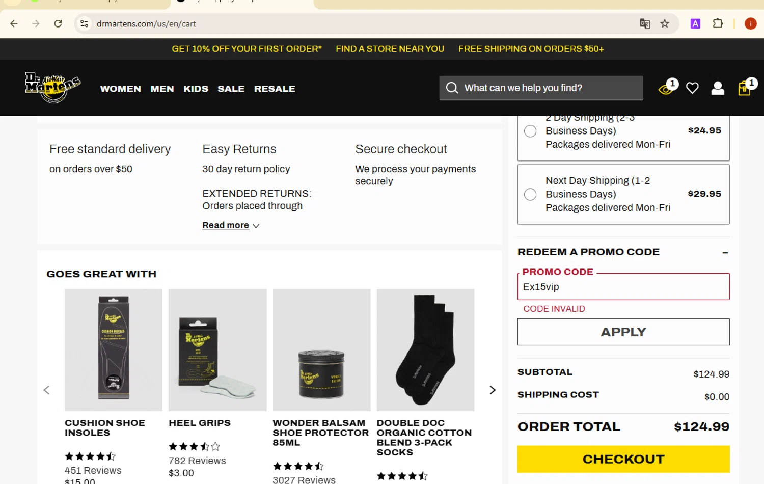 Dr. Martens promo code screenshot showing code Ex15vip applied at Dr. Martens checkout page. Uploaded by SimplyCodes community member SmartMaestro6853 on Jan 27, 2025