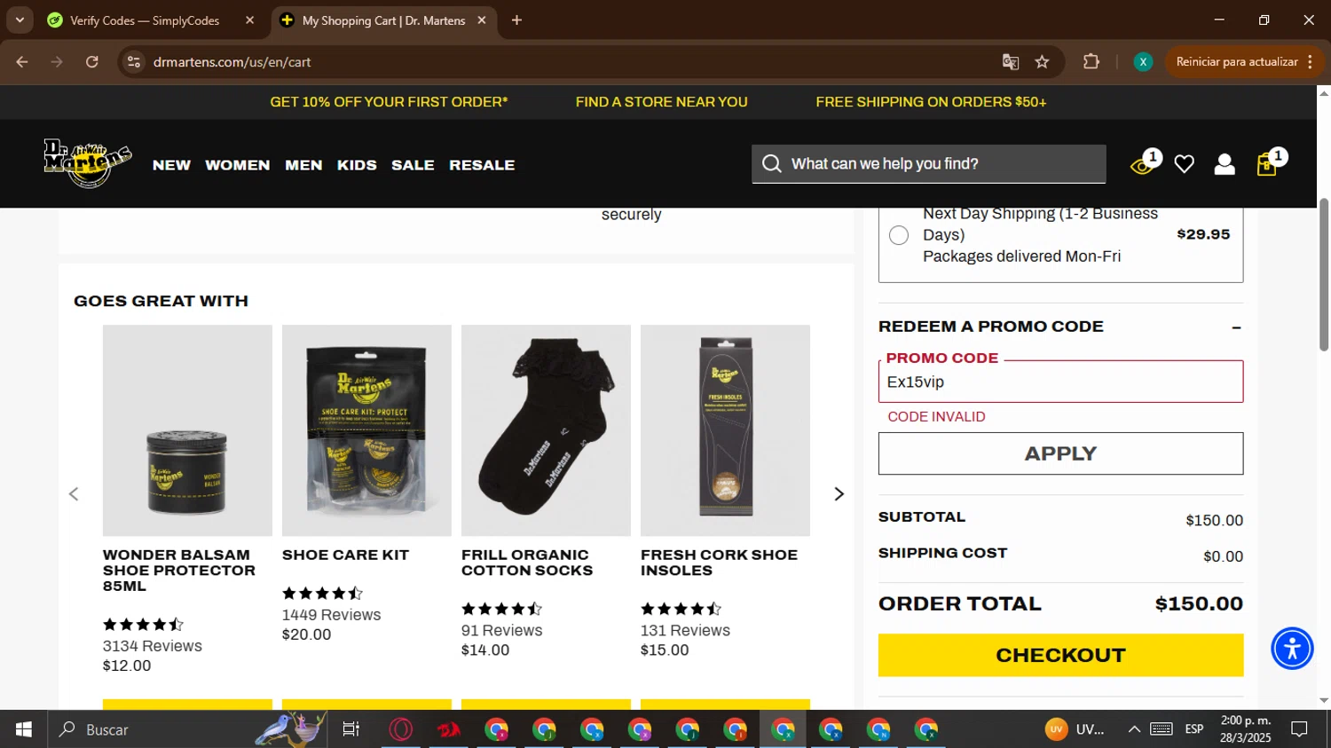 Dr. Martens promo code screenshot showing code Ex15vip applied at Dr. Martens checkout page. Uploaded by SimplyCodes community member BonusWarden6019 on Mar 28, 2025