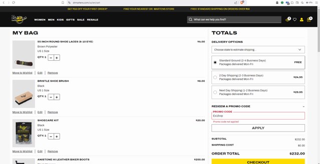 Dr. Martens checkout page showing Dr. Martens promo code box | Screenshot taken by SimplyCodes community member on Oct 21, 2024