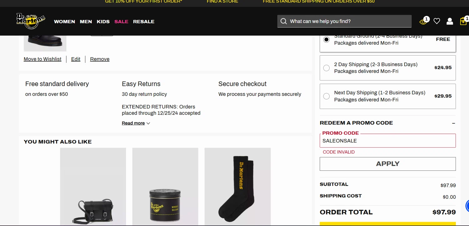 Dr. Martens promo code screenshot showing code SALEONSALE applied at Dr. Martens checkout page. Uploaded by SimplyCodes community member ArizaJuan on Dec 28, 2024