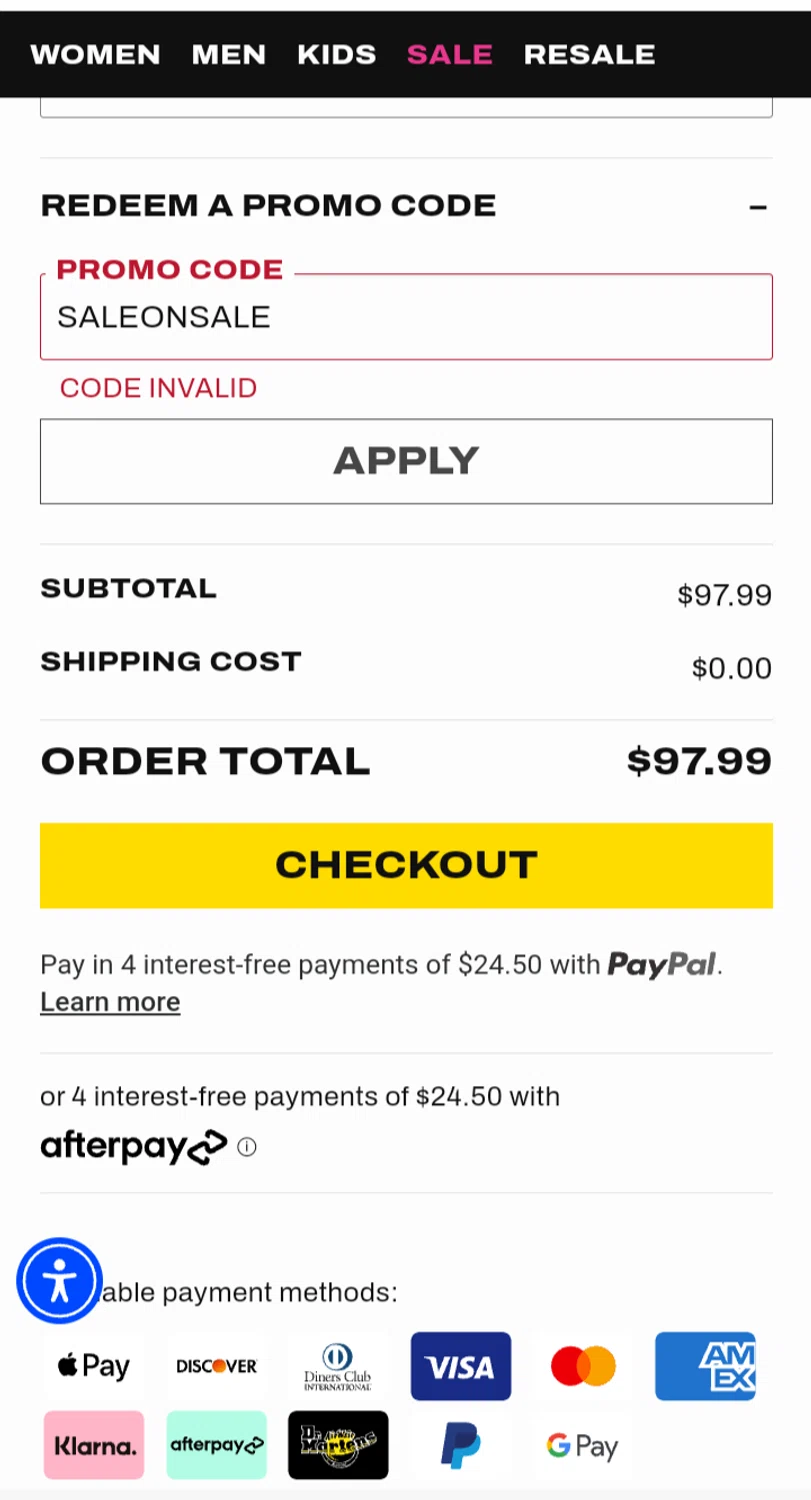 Dr. Martens promo code screenshot showing code SALEONSALE applied at Dr. Martens checkout page. Uploaded by SimplyCodes community member RealMadrid15 on Dec 28, 2024