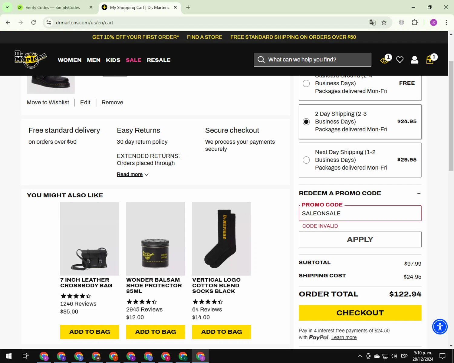 Dr. Martens promo code screenshot showing code SALEONSALE applied at Dr. Martens checkout page. Uploaded by SimplyCodes community member CouponScout7561 on Dec 28, 2024