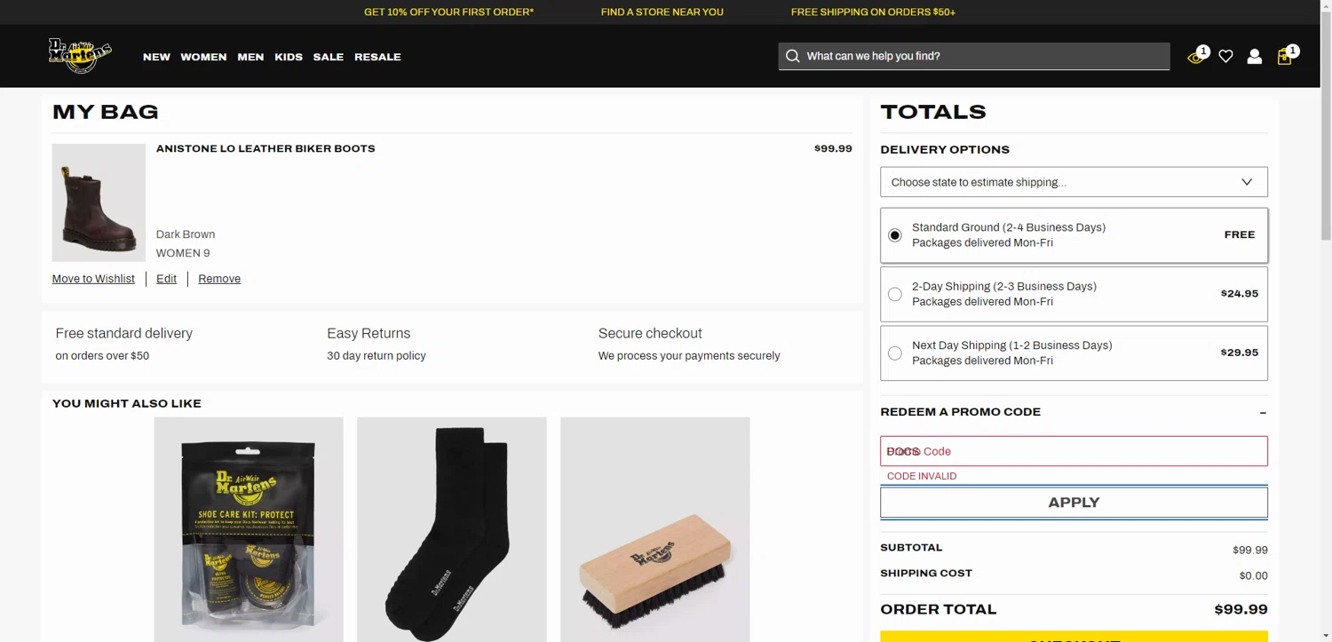 Dr. Martens promo code screenshot showing code DOCS applied at Dr. Martens checkout page. Uploaded by SimplyCodes community member PennyRanger8219 on Jun 7, 2025