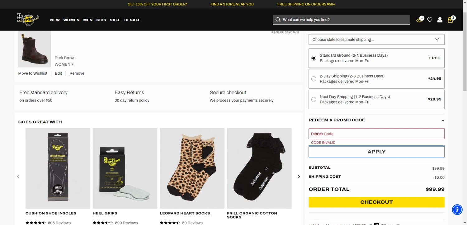Dr. Martens promo code screenshot showing code DOCS applied at Dr. Martens checkout page. Uploaded by SimplyCodes community member TreasureKnight4134 on Jun 7, 2025