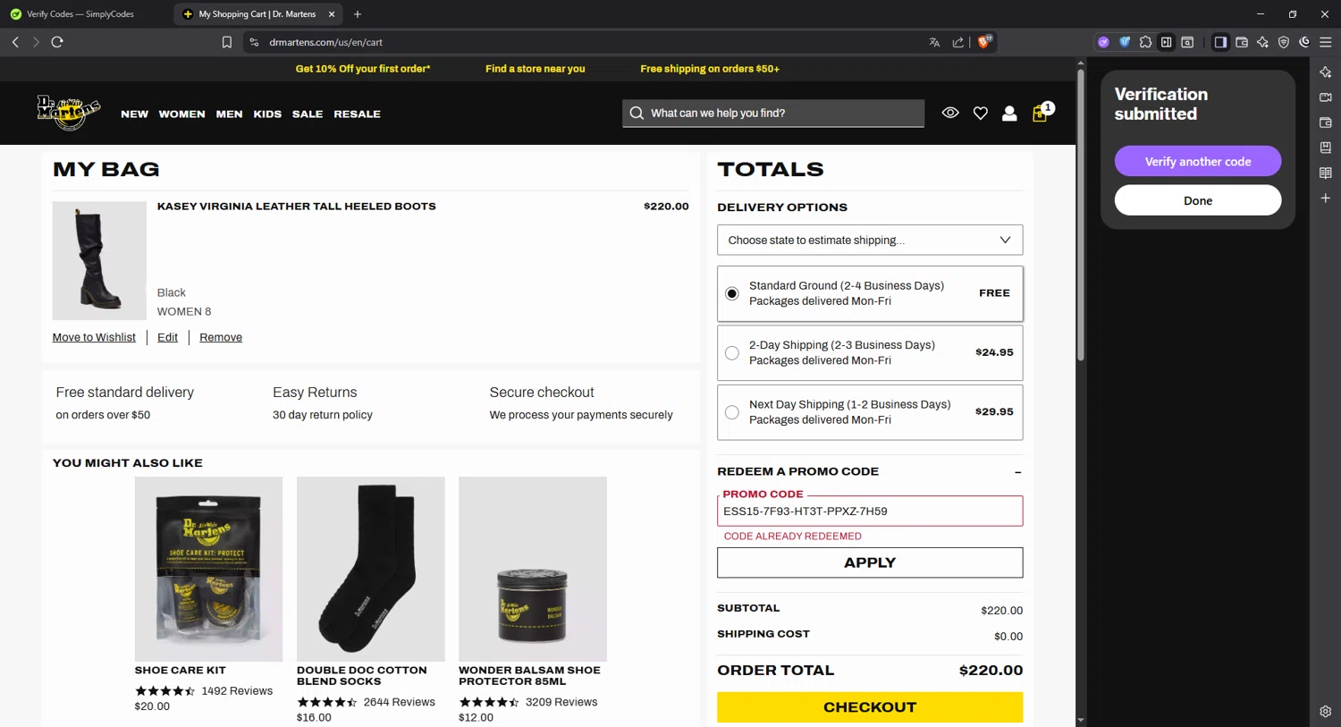 Dr. Martens promo code screenshot showing code ESS15-7F93-HT3T-PPXZ-7H59 applied at Dr. Martens checkout page. Uploaded by SimplyCodes community member Angel14 on Jul 13, 2025