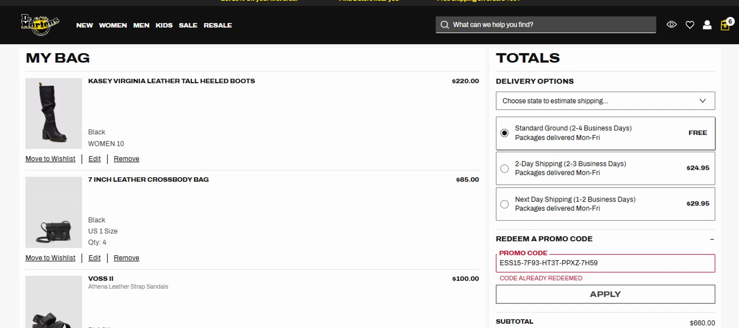 Dr. Martens promo code screenshot showing code ESS15-7F93-HT3T-PPXZ-7H59 applied at Dr. Martens checkout page. Uploaded by SimplyCodes community member CouponExpert7551 on Jul 13, 2025