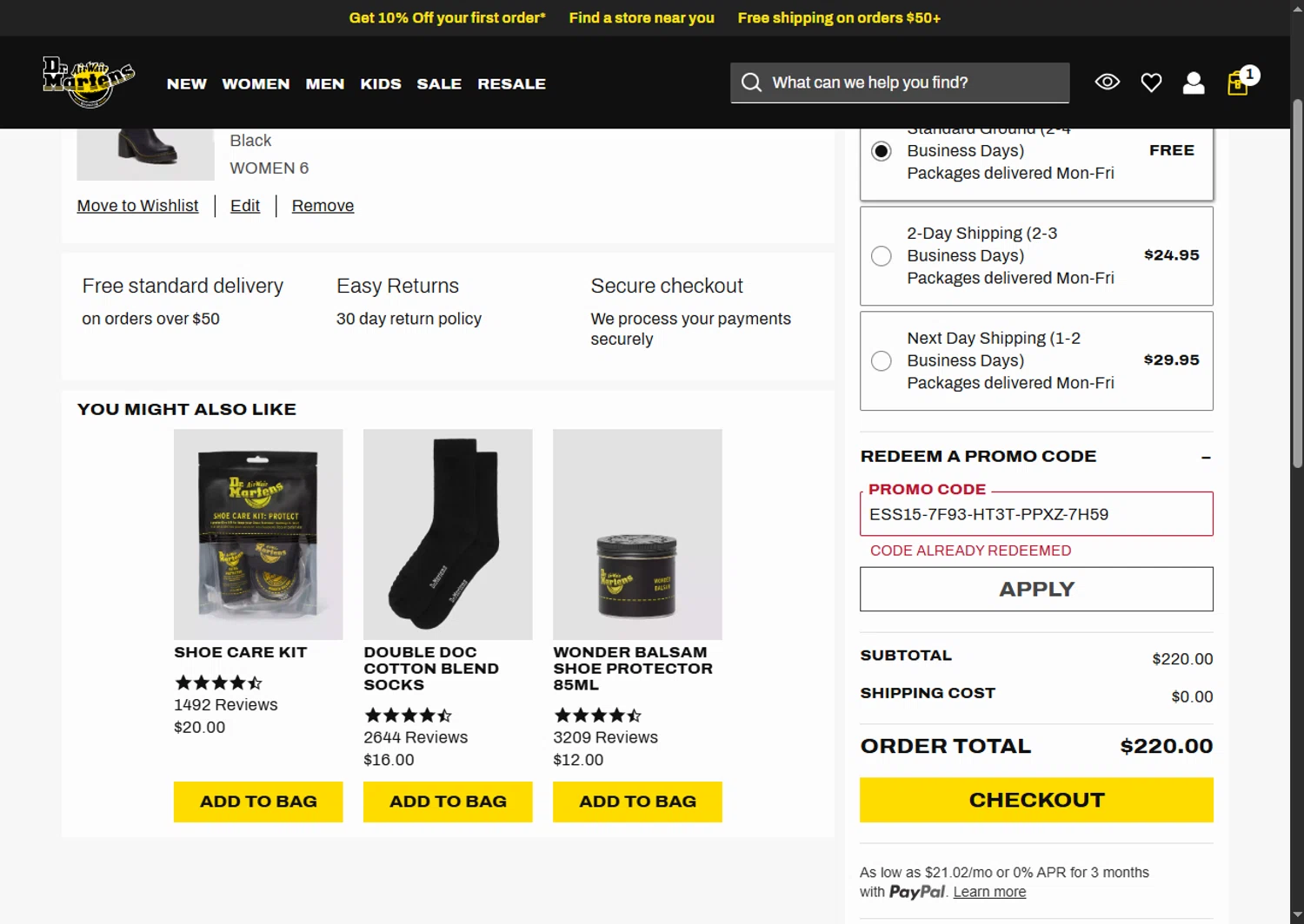 Dr. Martens promo code screenshot showing code ESS15-7F93-HT3T-PPXZ-7H59 applied at Dr. Martens checkout page. Uploaded by SimplyCodes community member SwiftTracker8156 on Jul 13, 2025
