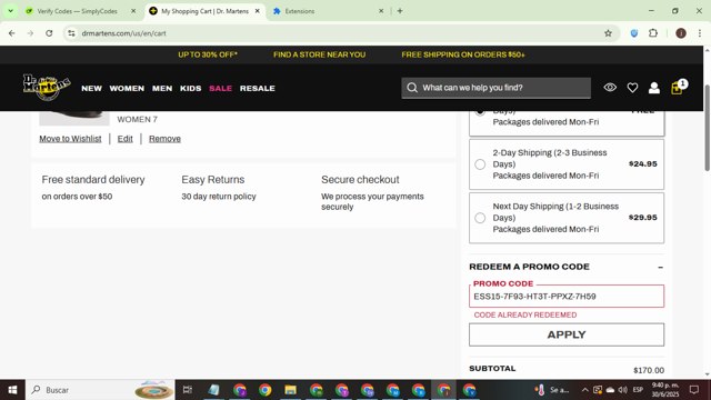 Dr. Martens checkout page showing Dr. Martens promo code box | Screenshot taken by SimplyCodes community member on Jul 1, 2025