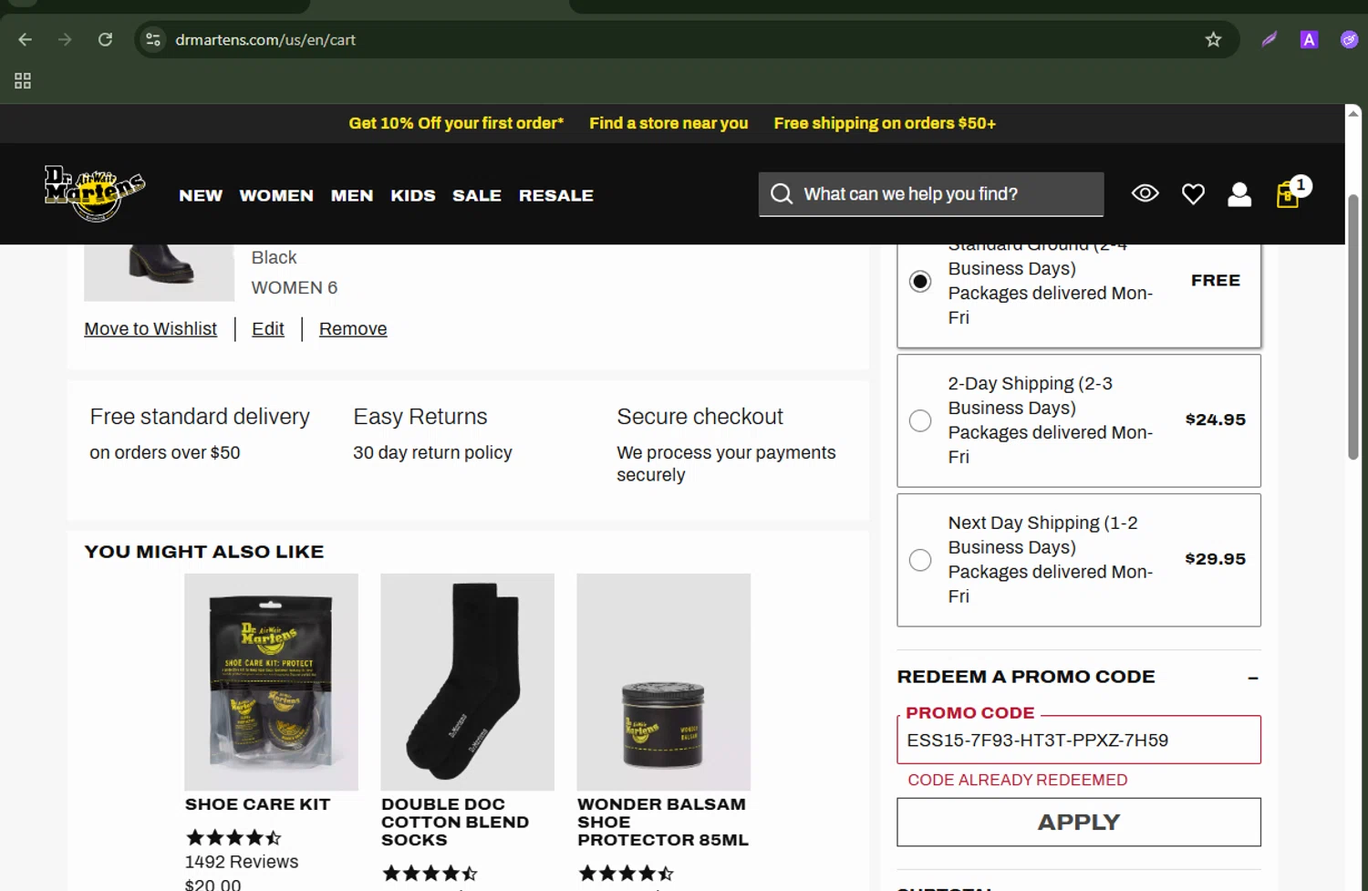 Dr. Martens promo code screenshot showing code ESS15-7F93-HT3T-PPXZ-7H59 applied at Dr. Martens checkout page. Uploaded by SimplyCodes community member xiolemarromero on Jul 13, 2025