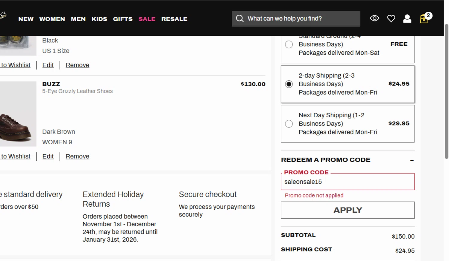 Dr. Martens promo code screenshot showing code saleonsale15 applied at Dr. Martens checkout page. Uploaded by SimplyCodes community member BonusDefender8823 on Nov 5, 2025