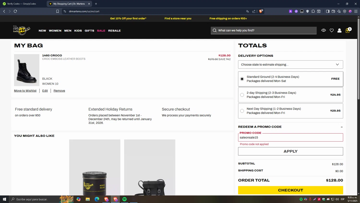 Dr. Martens promo code screenshot showing code saleonsale15 applied at Dr. Martens checkout page. Uploaded by SimplyCodes community member Carlos54 on Nov 5, 2025