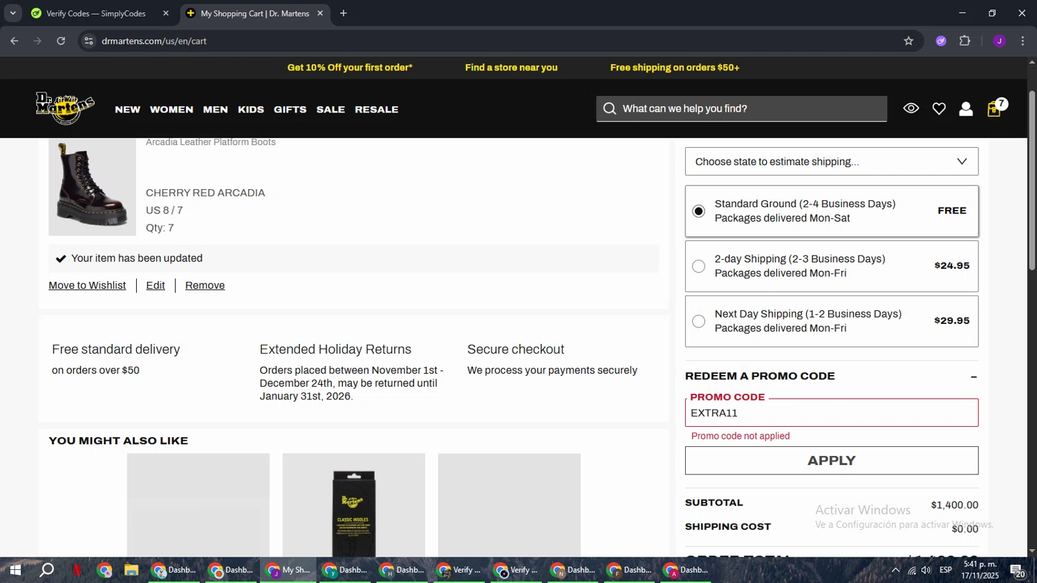 Dr. Martens checkout page showing Dr. Martens promo code box | Screenshot taken by SimplyCodes community member on Nov 17, 2025