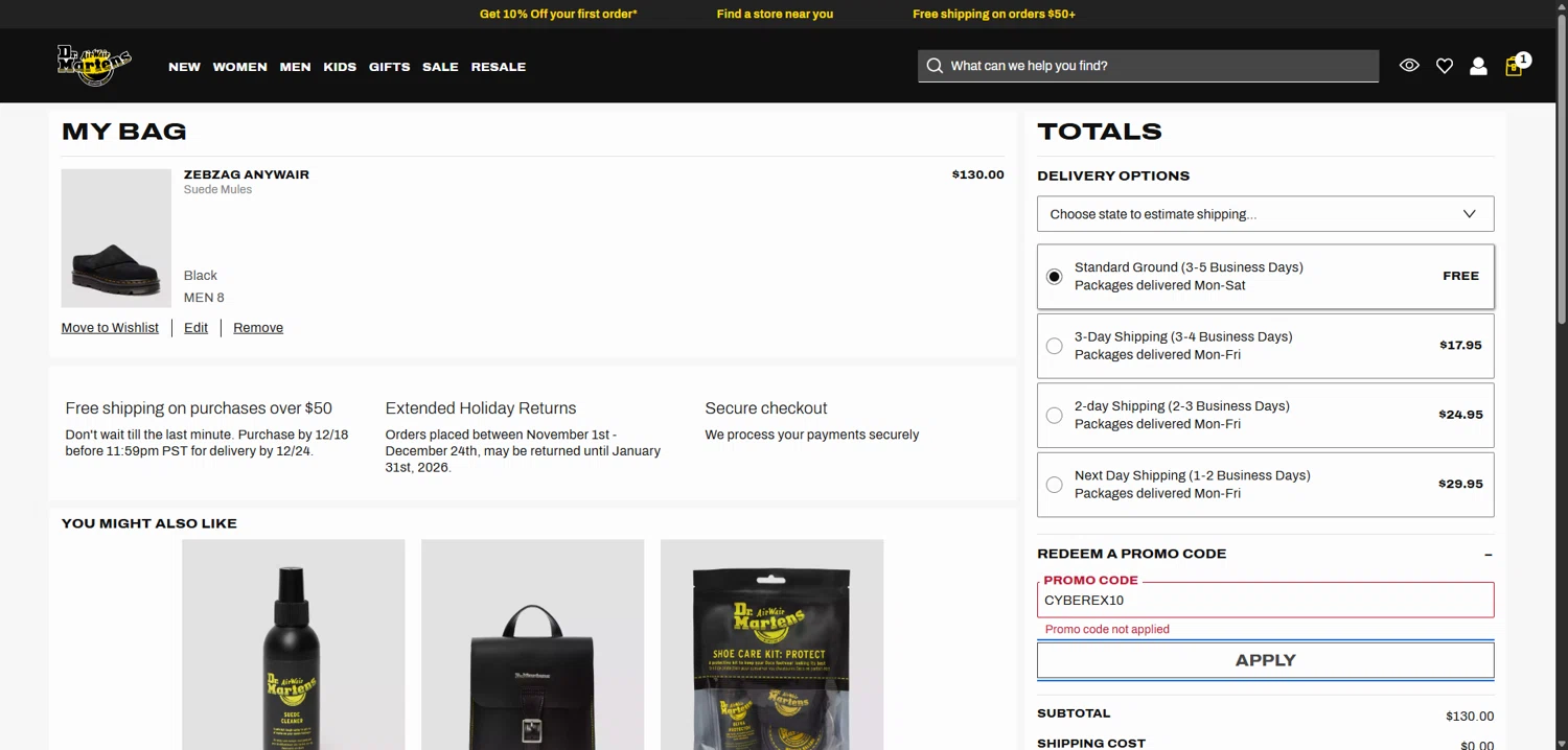 Dr. Martens promo code screenshot showing code CYBEREX10 applied at Dr. Martens checkout page. Uploaded by SimplyCodes community member EpicGuardian2592 on Dec 11, 2025