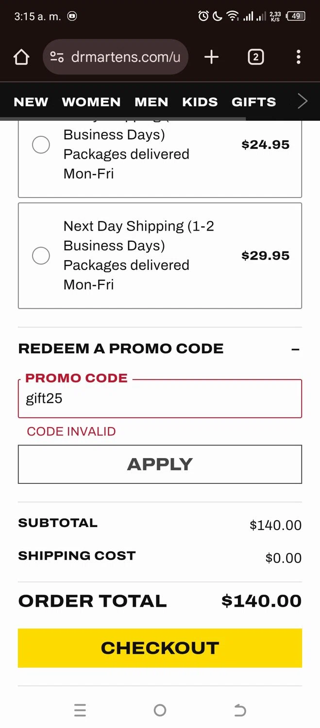 Dr. Martens promo code screenshot showing code gift25 applied at Dr. Martens checkout page. Uploaded by SimplyCodes community member Garou_Y2K on Dec 14, 2025