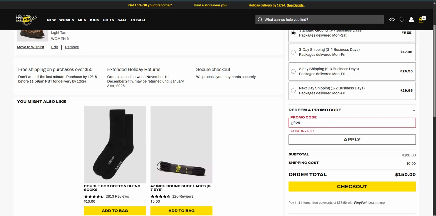 Dr. Martens promo code screenshot showing code gift25 applied at Dr. Martens checkout page. Uploaded by SimplyCodes community member MoneyLynx6719 on Dec 14, 2025