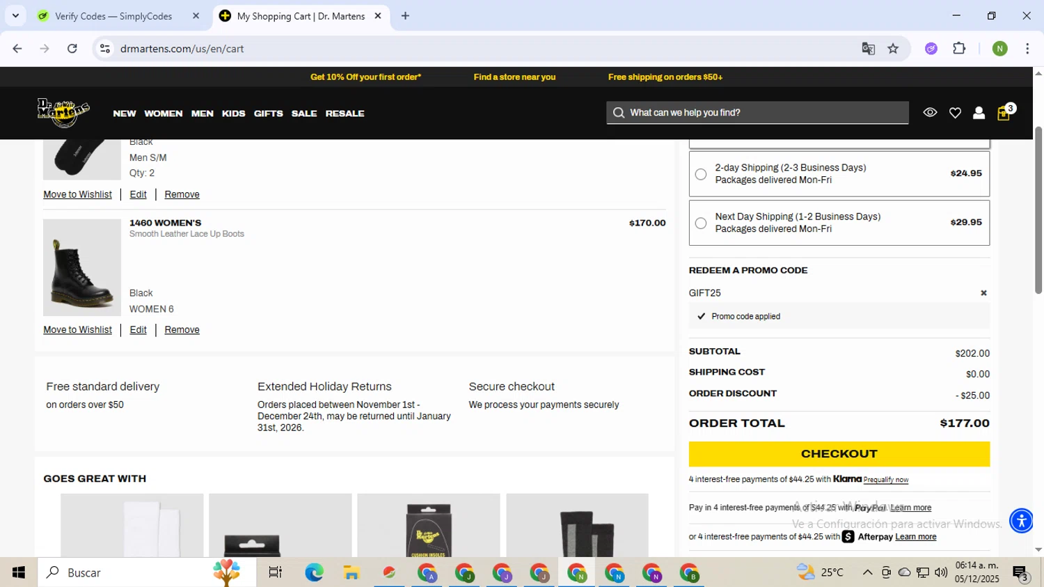 Dr. Martens checkout page showing Dr. Martens promo code box | Screenshot taken by SimplyCodes community member on Dec 5, 2025