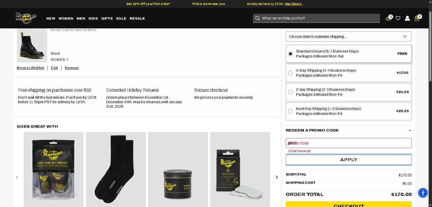 Dr. Martens promo code screenshot showing code gift25 applied at Dr. Martens checkout page. Uploaded by SimplyCodes community member VoucherHero1009 on Dec 14, 2025